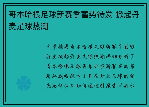 哥本哈根足球新赛季蓄势待发 掀起丹麦足球热潮